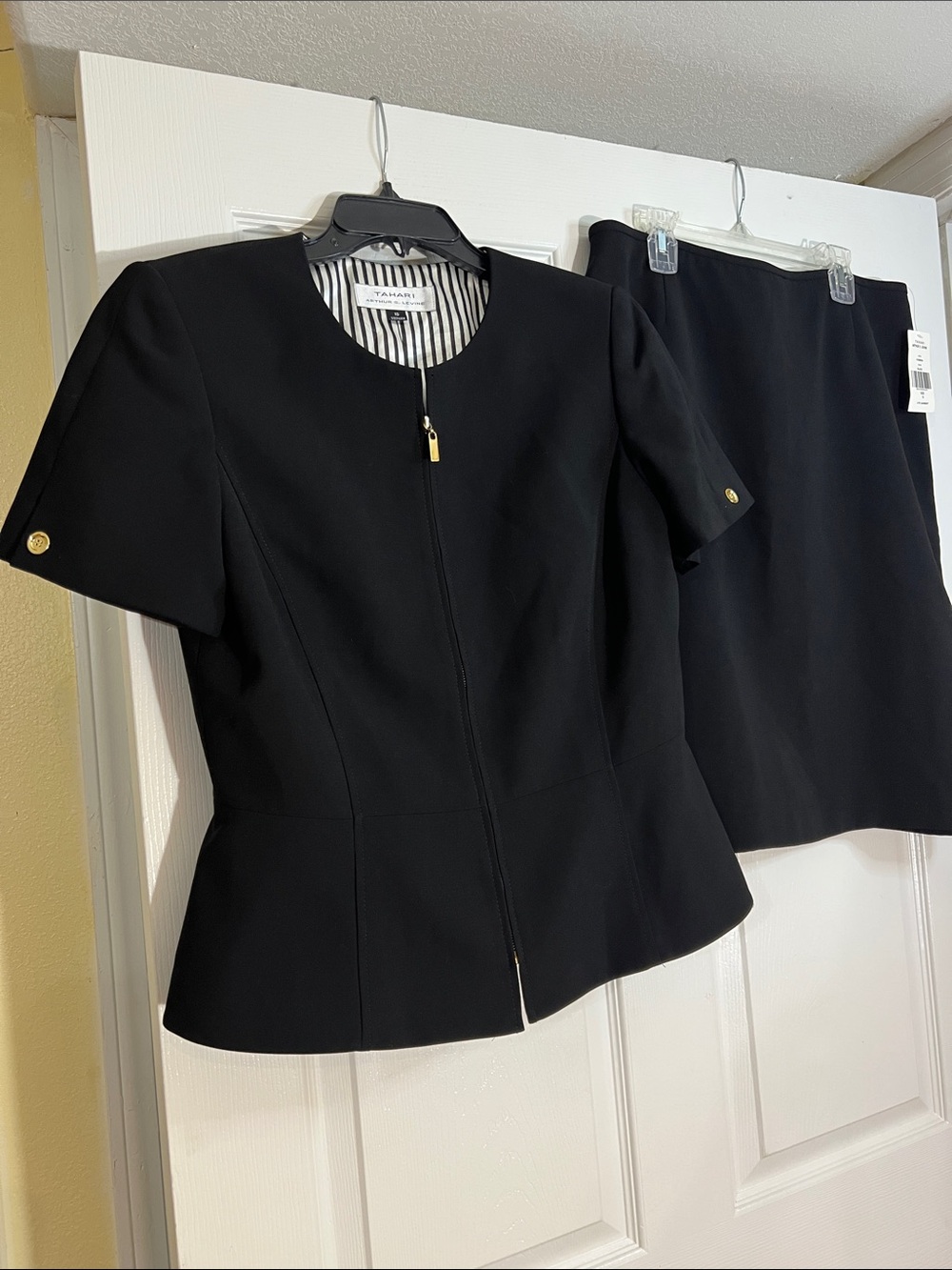 Tahari ASL Black Short-Sleeve Peplum Jacket & Skirt Set
